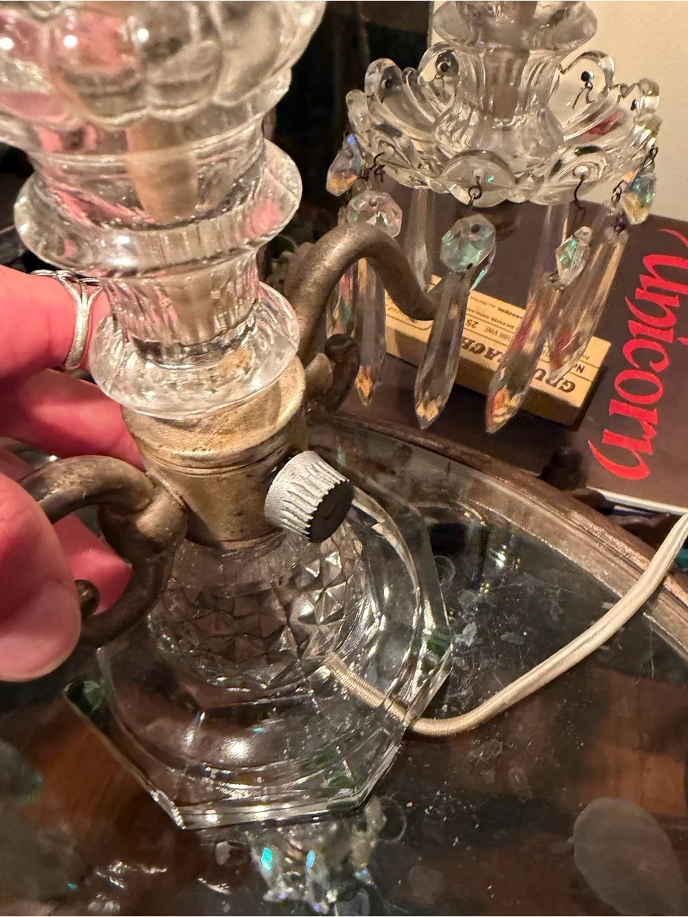 Antique Rare Aurora Borealis Crystal Dual Arm Candelabra Lamp Baccarat Style